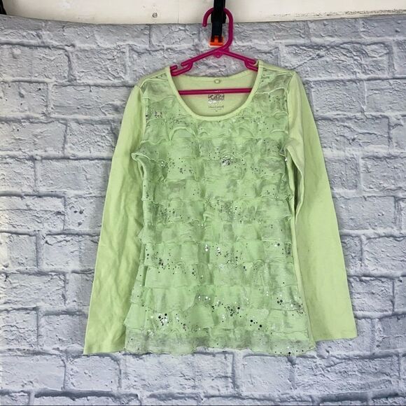 Justice ruffle front sequin shimmer top green sz10 - Picture 1 of 6